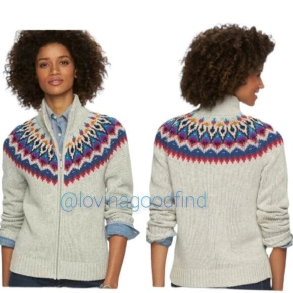 RL CHAPS Lt Grey Colorful Full Zip Fair Nordic Isle Sweater EUC sz XL - Picture 1 of 12